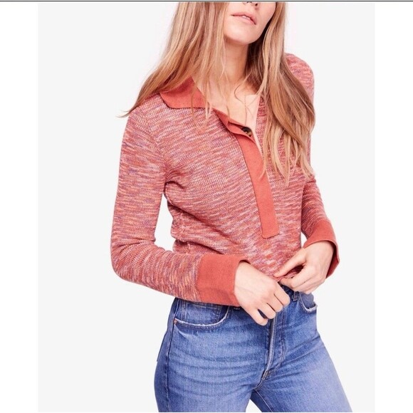 Free People Pull Over Sweater Women’s Small  Henley Cropped Buttons Pink Red - Picture 1 of 10